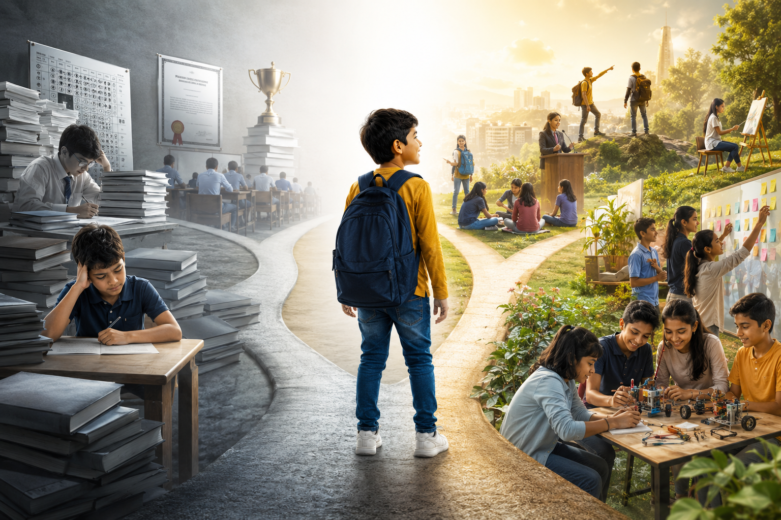 A child standing at a crossroads between an exam-focused path and a path of real-life skills and mentorship